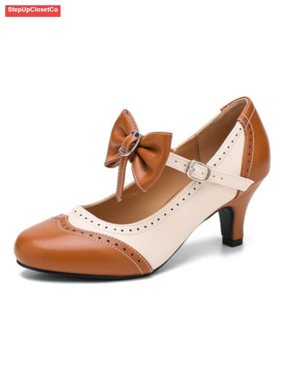 Mary Jane Kitten Heel Pumps Two Tone Bow Round Toe Dress Shoes